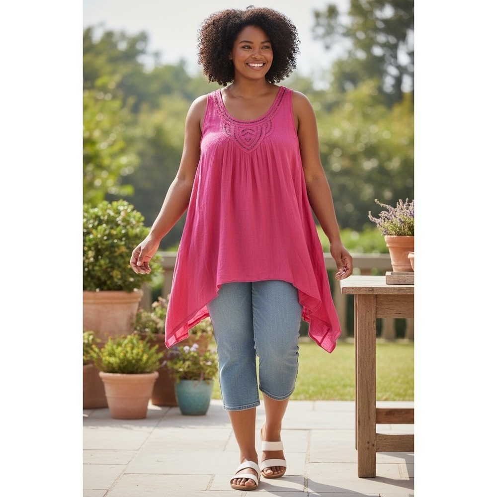 Spense Pink Embroidered Handkerchief Hem Tunic‎ Tank Top XL NWT